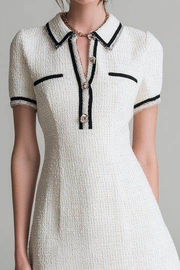 A Line Lapel Neck White Mini Dress